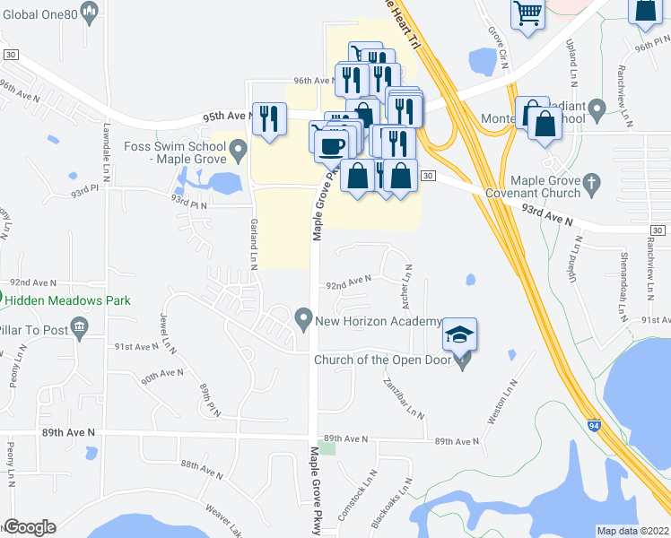 map of restaurants, bars, coffee shops, grocery stores, and more near 16600 92nd Avenue North in Osseo
