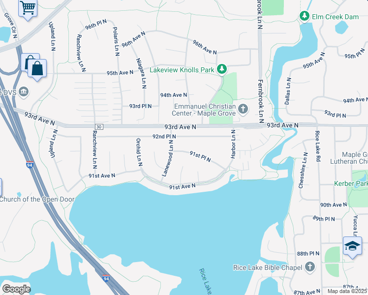 map of restaurants, bars, coffee shops, grocery stores, and more near 14846 91st Place North in Maple Grove