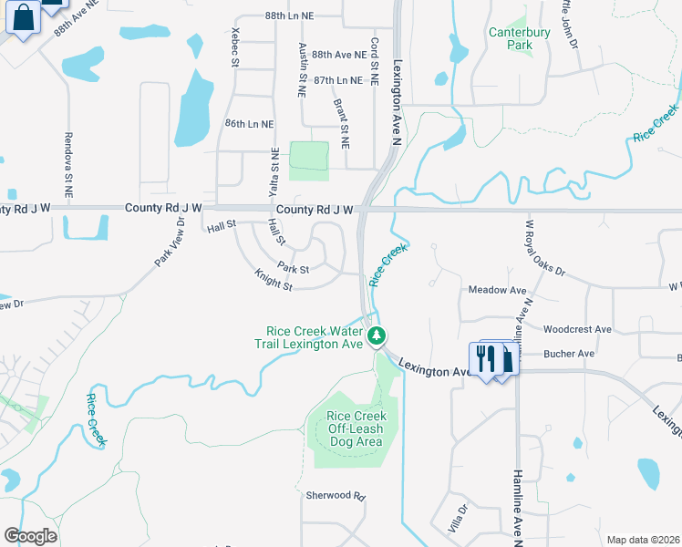 map of restaurants, bars, coffee shops, grocery stores, and more near 1500 Knight Street in Shoreview