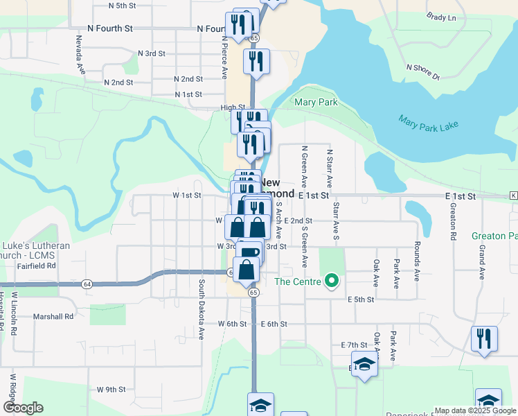 map of restaurants, bars, coffee shops, grocery stores, and more near 154 East 2nd Street in New Richmond