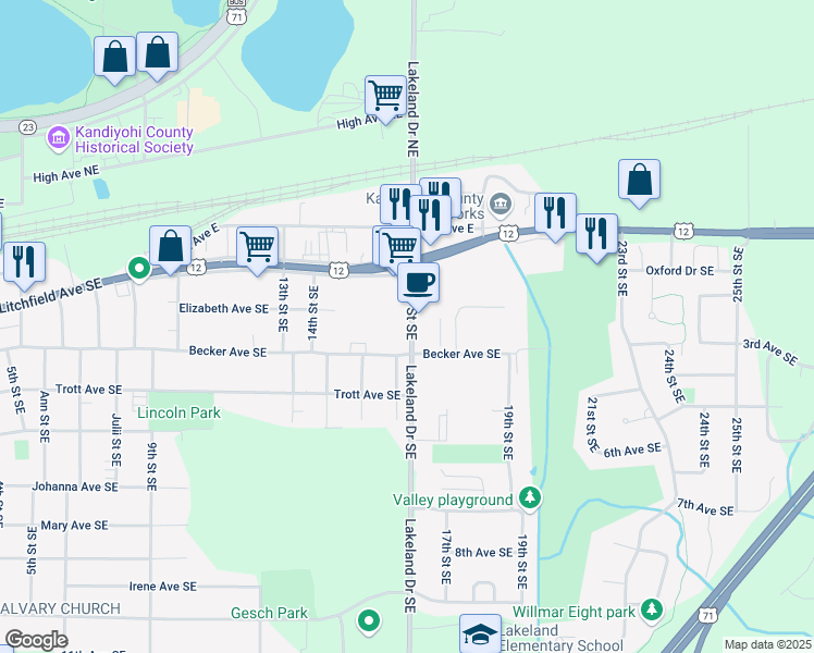 map of restaurants, bars, coffee shops, grocery stores, and more near 409 Lakeland Drive Southeast in Willmar