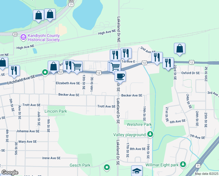 map of restaurants, bars, coffee shops, grocery stores, and more near 1512 Becker Avenue Southeast in Willmar