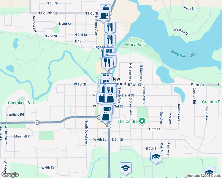 map of restaurants, bars, coffee shops, grocery stores, and more near 154 East 2nd Street in New Richmond