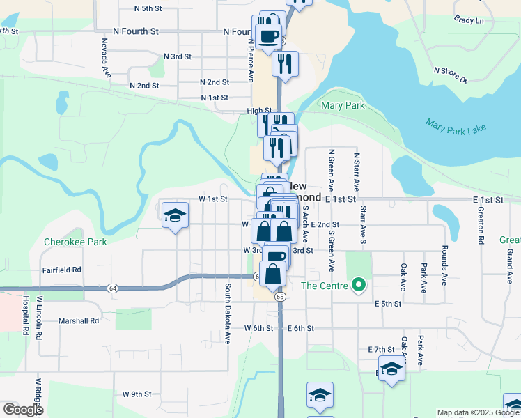 map of restaurants, bars, coffee shops, grocery stores, and more near 229 West 1st Street in New Richmond