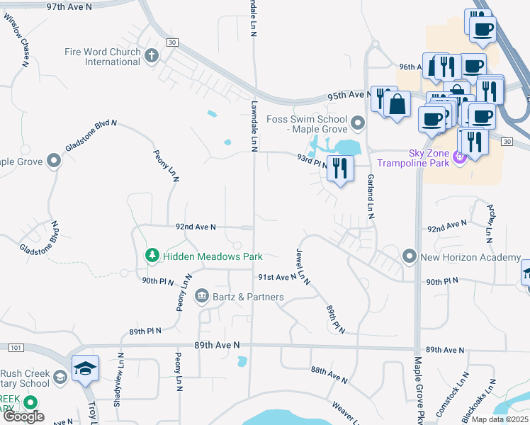 map of restaurants, bars, coffee shops, grocery stores, and more near 9292 Kimberly Lane North in Maple Grove