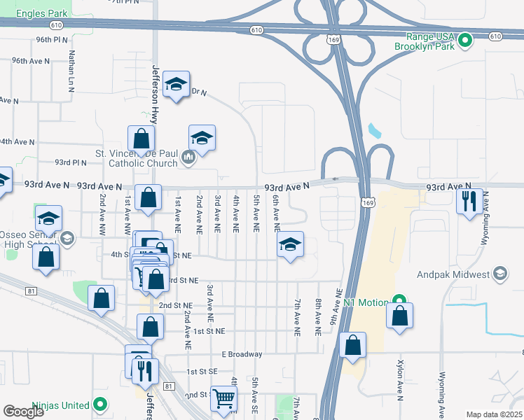 map of restaurants, bars, coffee shops, grocery stores, and more near 641 5th Avenue Northeast in Osseo