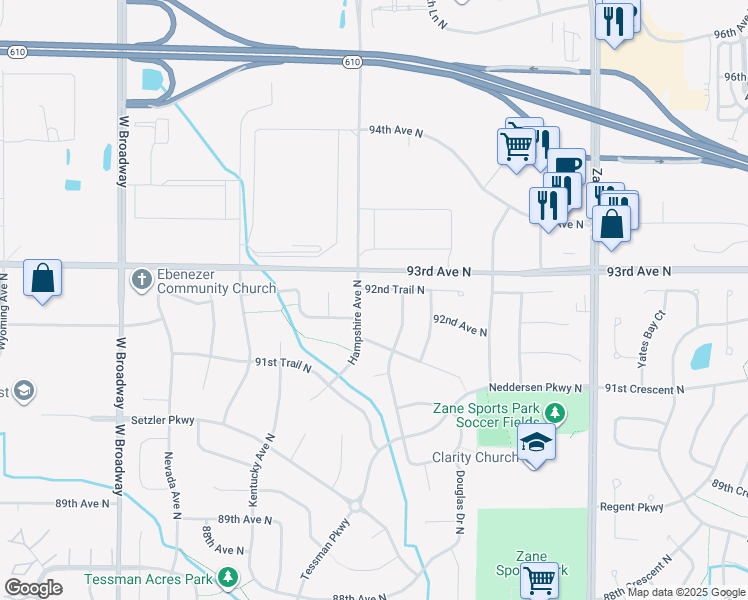 map of restaurants, bars, coffee shops, grocery stores, and more near 6624 92nd Trail North in Minneapolis