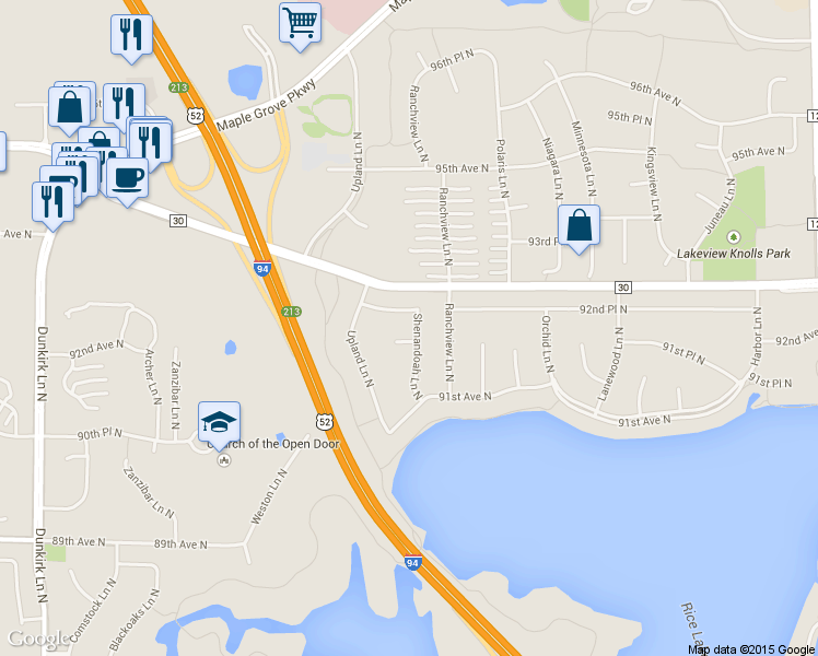 map of restaurants, bars, coffee shops, grocery stores, and more near 9249 Shenandoah Lane North in Maple Grove
