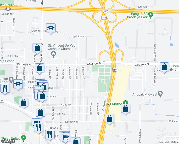 map of restaurants, bars, coffee shops, grocery stores, and more near 616 North Oaks Drive in Osseo