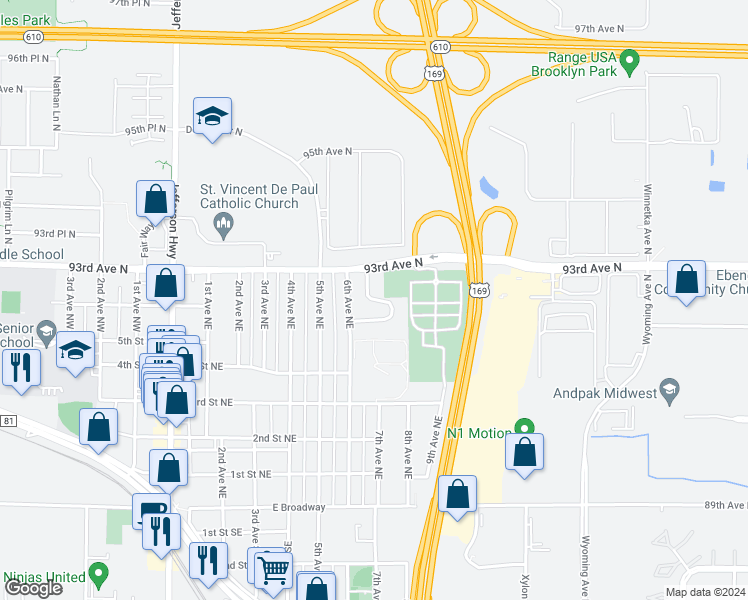 map of restaurants, bars, coffee shops, grocery stores, and more near North Oaks Drive in Osseo