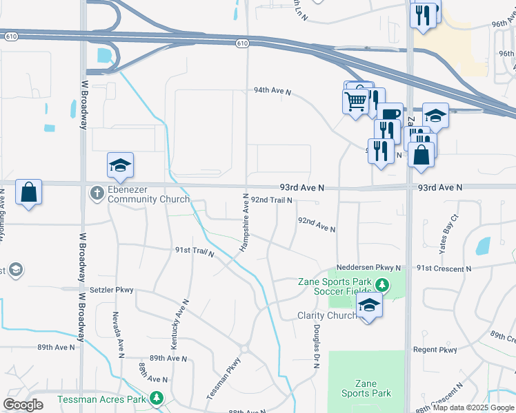 map of restaurants, bars, coffee shops, grocery stores, and more near 6624 92nd Trail North in Minneapolis
