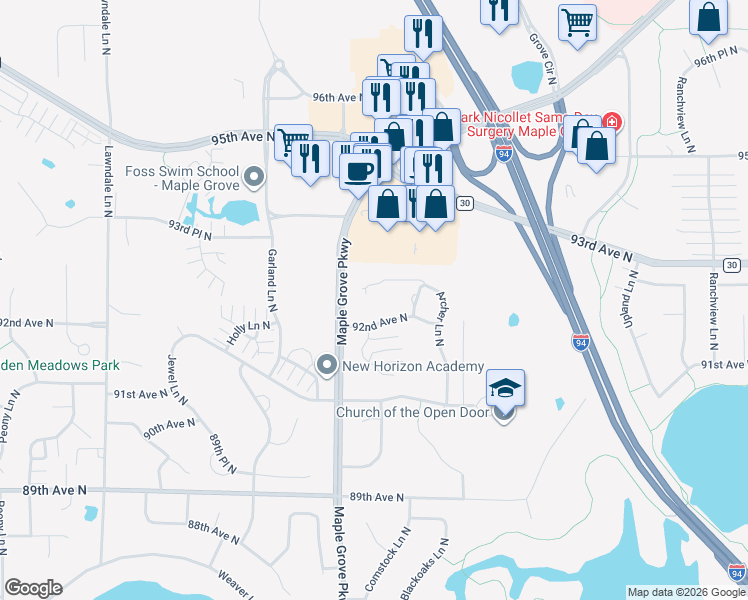 map of restaurants, bars, coffee shops, grocery stores, and more near 16600 92nd Avenue North in Maple Grove