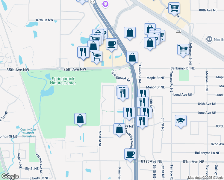 map of restaurants, bars, coffee shops, grocery stores, and more near 151 83rd Avenue Northeast in Fridley