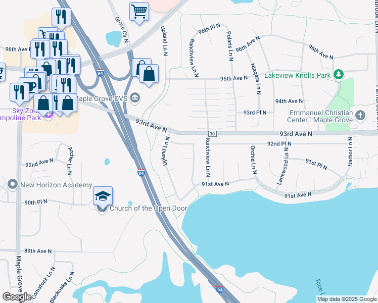 map of restaurants, bars, coffee shops, grocery stores, and more near 9249 Shenandoah Lane North in Maple Grove