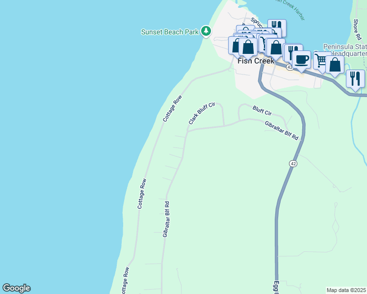 map of restaurants, bars, coffee shops, grocery stores, and more near 9331 Gibralter Bluff Road in Fish Creek