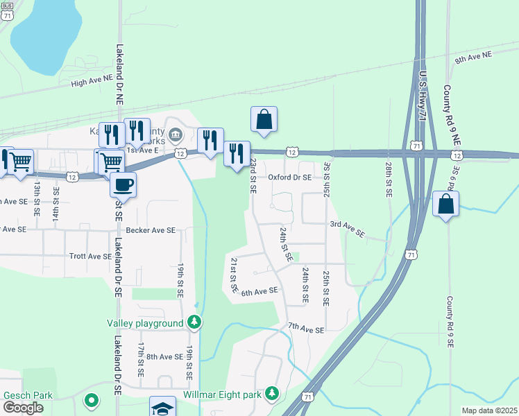 map of restaurants, bars, coffee shops, grocery stores, and more near 256 Cambridge Lane in Willmar