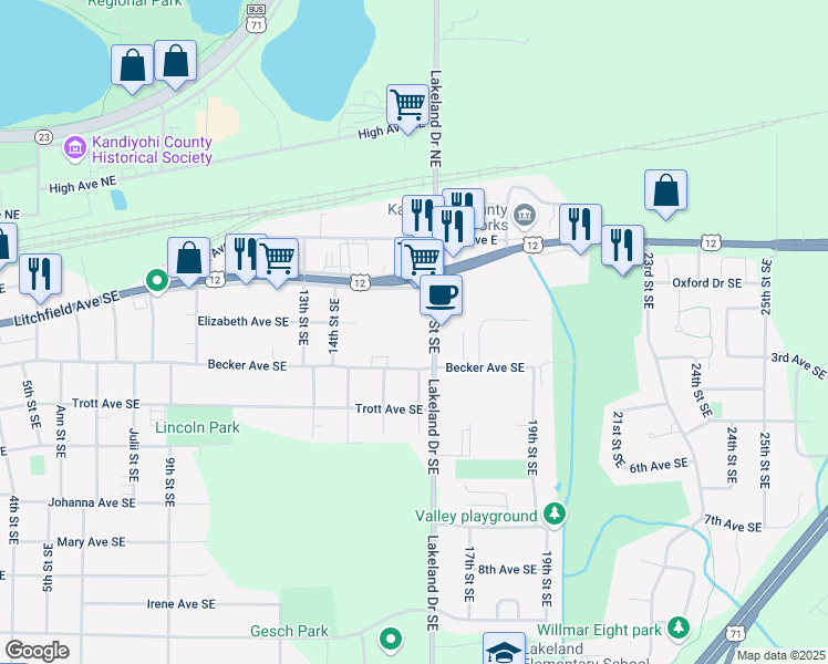 map of restaurants, bars, coffee shops, grocery stores, and more near 362 Lakeland Drive Southeast in Willmar