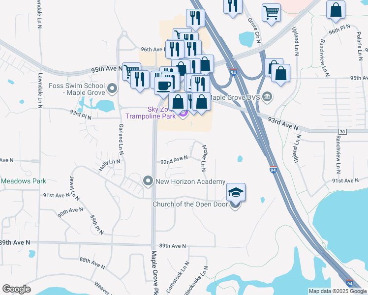 map of restaurants, bars, coffee shops, grocery stores, and more near 16500 92nd Avenue North in Maple Grove