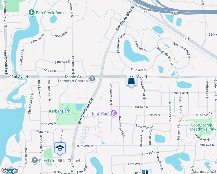 map of restaurants, bars, coffee shops, grocery stores, and more near 9269 Sycamore Lane North in Maple Grove
