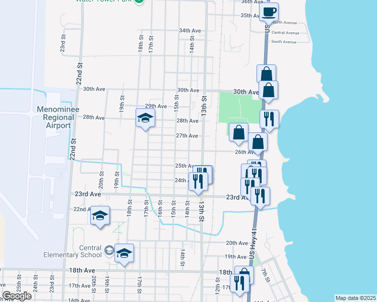 map of restaurants, bars, coffee shops, grocery stores, and more near 1401 26th Avenue in Menominee
