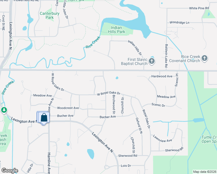 map of restaurants, bars, coffee shops, grocery stores, and more near 5954 Fernwood Street in Shoreview