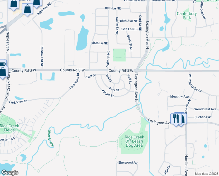 map of restaurants, bars, coffee shops, grocery stores, and more near 1582-1598 Hall Street in Shoreview