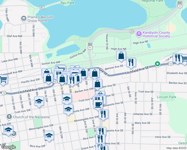 map of restaurants, bars, coffee shops, grocery stores, and more near 156 1st Street South in Willmar