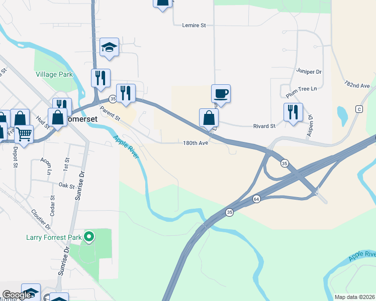 map of restaurants, bars, coffee shops, grocery stores, and more near 744 180th Avenue in Somerset