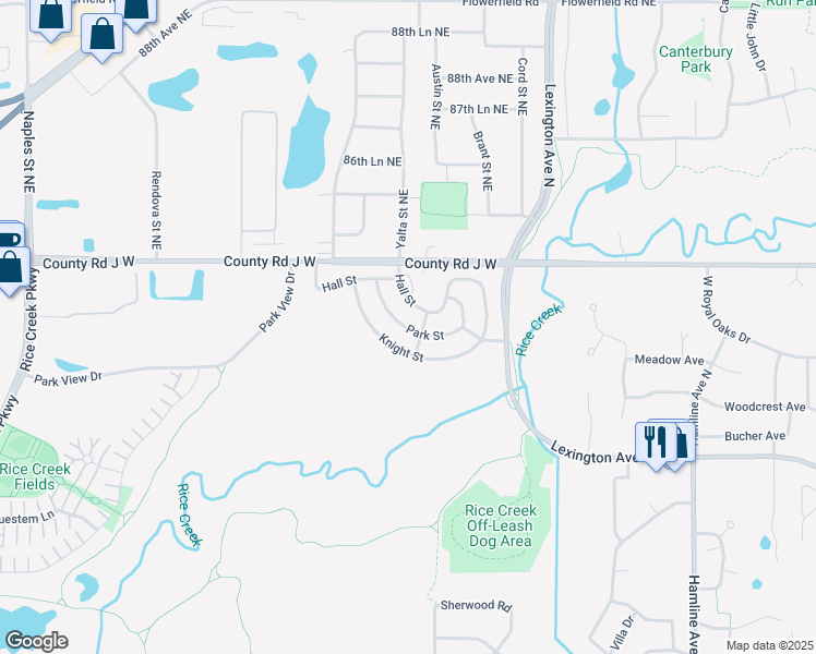 map of restaurants, bars, coffee shops, grocery stores, and more near 1582-1598 Hall Street in Shoreview