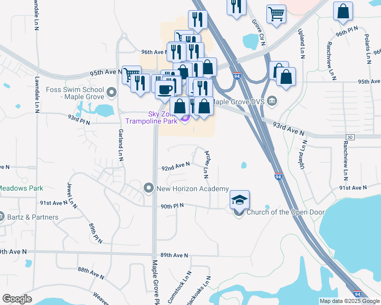 map of restaurants, bars, coffee shops, grocery stores, and more near 9264 Blackoaks Court North in Osseo