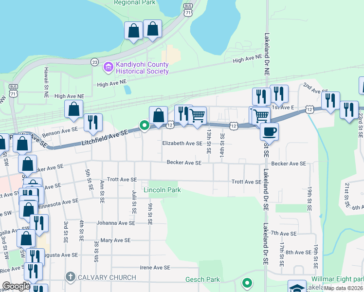 map of restaurants, bars, coffee shops, grocery stores, and more near 1029 Elizabeth Avenue Southeast in Willmar