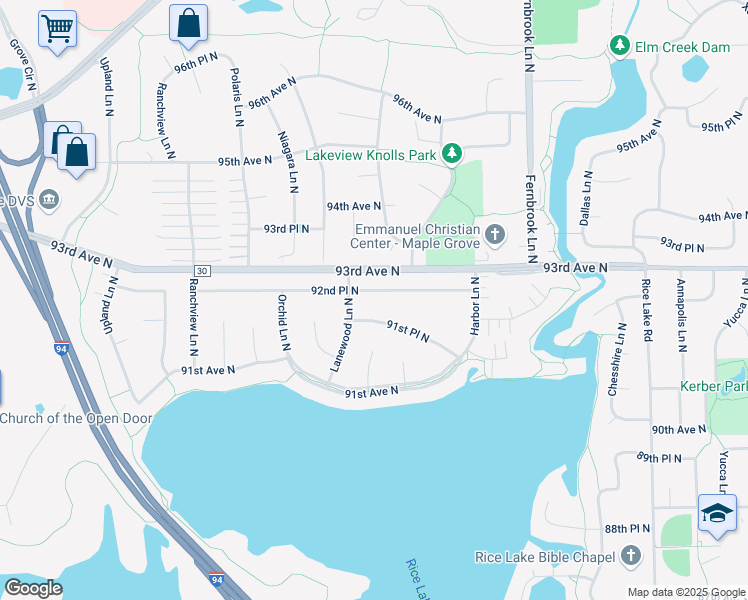 map of restaurants, bars, coffee shops, grocery stores, and more near 14804 92nd Place North in Maple Grove