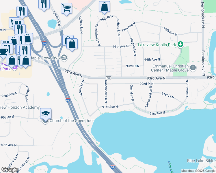 map of restaurants, bars, coffee shops, grocery stores, and more near 15384 92nd Place North in Maple Grove