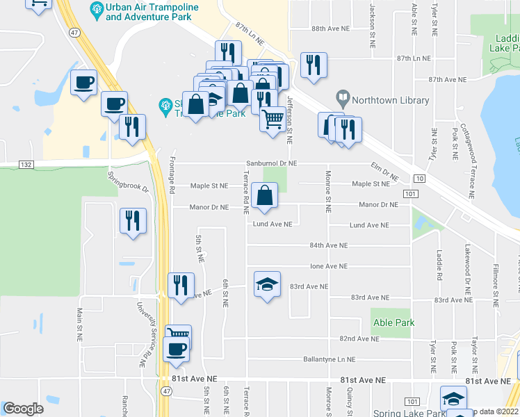 map of restaurants, bars, coffee shops, grocery stores, and more near 500 Manor Drive Northeast in Minneapolis