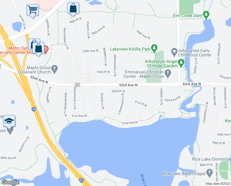 map of restaurants, bars, coffee shops, grocery stores, and more near 14997 92nd Place North in Maple Grove