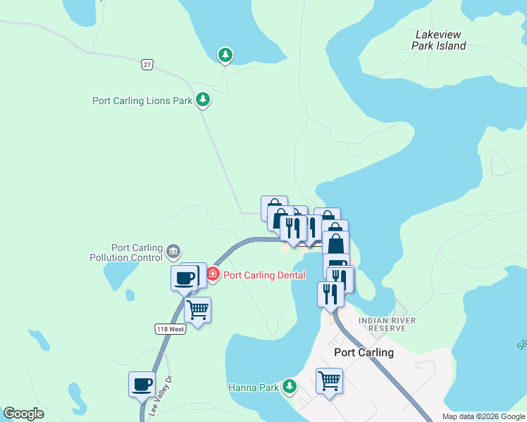map of restaurants, bars, coffee shops, grocery stores, and more near 14 Ferndale Road in Port Carling
