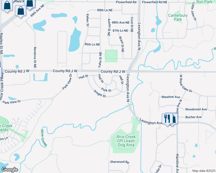 map of restaurants, bars, coffee shops, grocery stores, and more near 1582 Hall Street in Shoreview