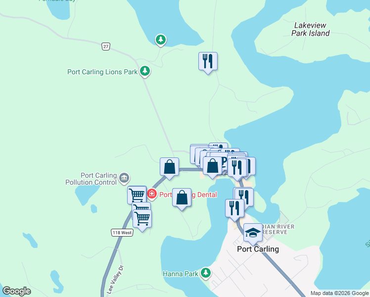 map of restaurants, bars, coffee shops, grocery stores, and more near 14 Ferndale Road in Port Carling
