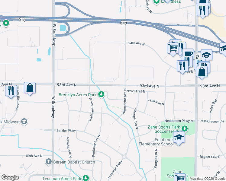 map of restaurants, bars, coffee shops, grocery stores, and more near 6716 92nd Court North in Minneapolis