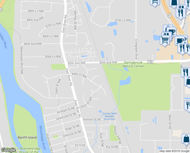map of restaurants, bars, coffee shops, grocery stores, and more near 8401 Magnolia Street Northwest in Coon Rapids