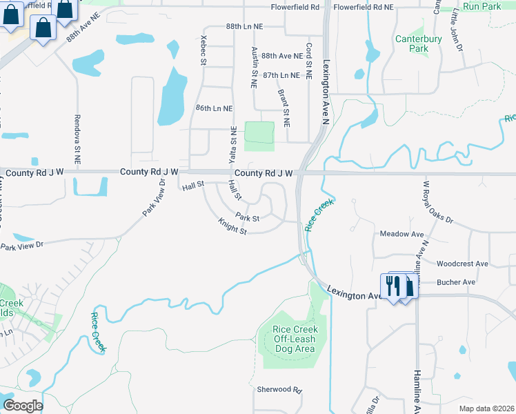 map of restaurants, bars, coffee shops, grocery stores, and more near 1578 Hall Street in Shoreview
