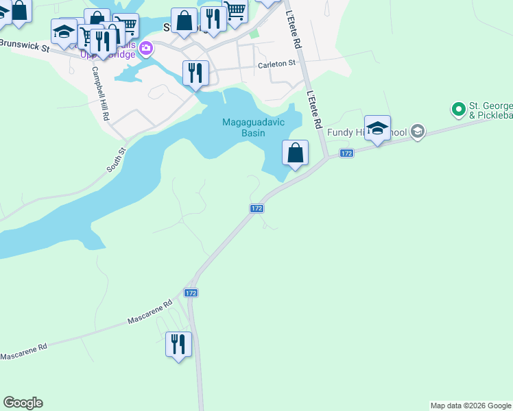 map of restaurants, bars, coffee shops, grocery stores, and more near 110 New Brunswick 172 in Saint George