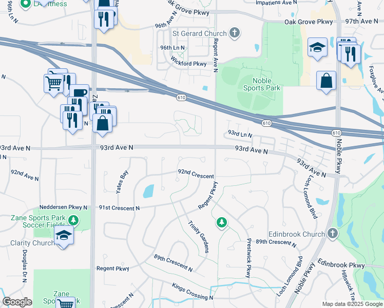 map of restaurants, bars, coffee shops, grocery stores, and more near 9253 Trinity Gardens in Minneapolis