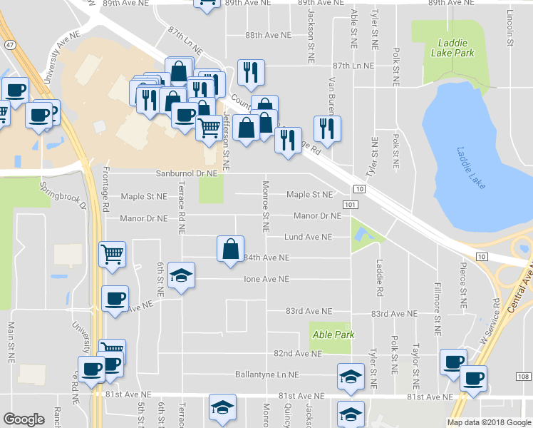 map of restaurants, bars, coffee shops, grocery stores, and more near 8449 Monroe Street Northeast in Spring Lake Park