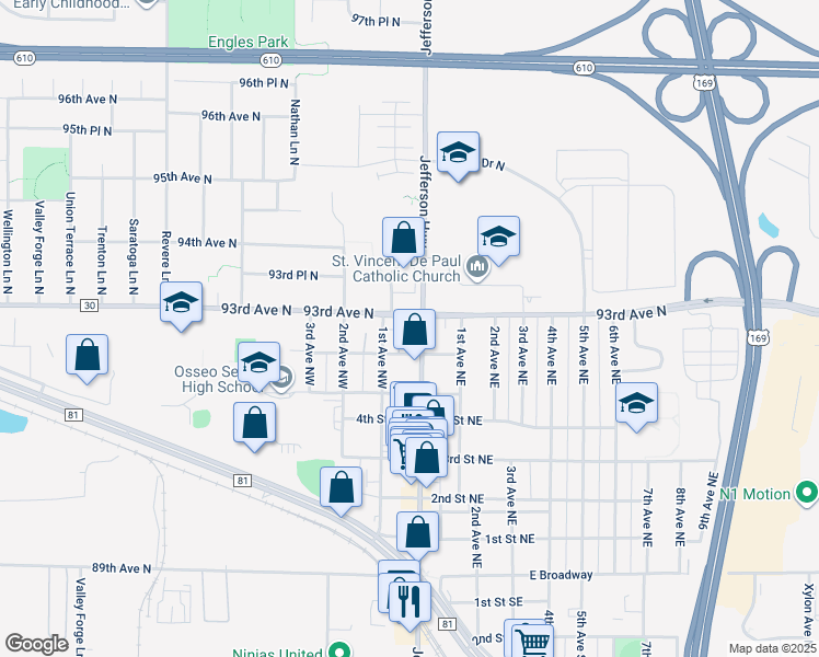 map of restaurants, bars, coffee shops, grocery stores, and more near 625 Central Avenue in Osseo