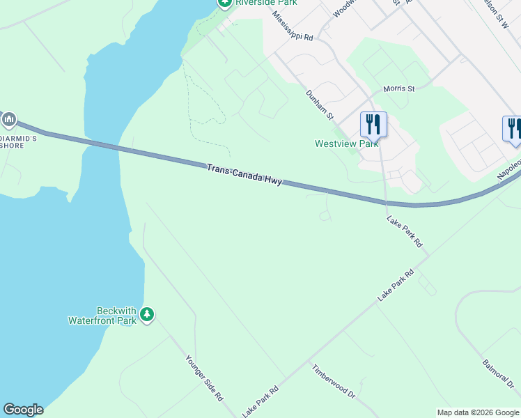 map of restaurants, bars, coffee shops, grocery stores, and more near 10951 Ontario 7 in Carleton Place