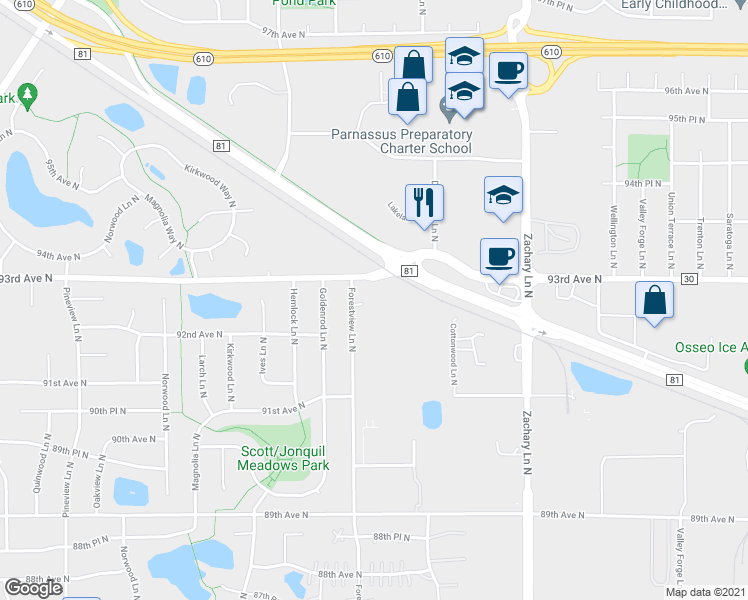 map of restaurants, bars, coffee shops, grocery stores, and more near 11650 92nd Place North in Maple Grove