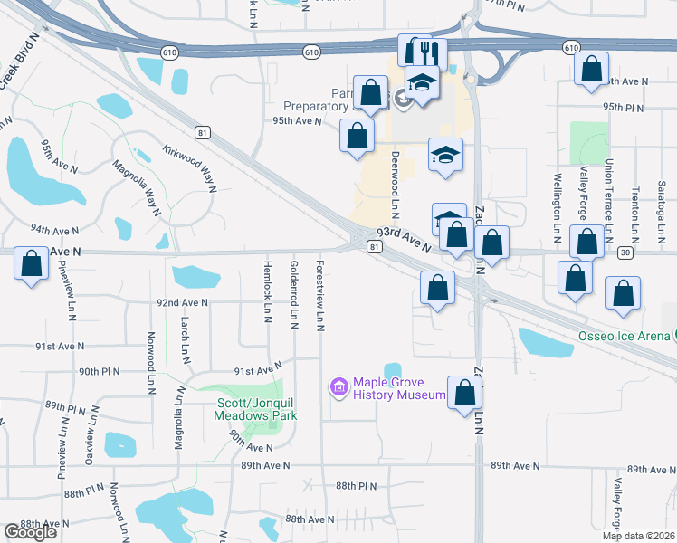 map of restaurants, bars, coffee shops, grocery stores, and more near 11654 92nd Place North in Maple Grove