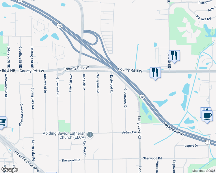 map of restaurants, bars, coffee shops, grocery stores, and more near 8445 Sunnyside Road in Mounds View