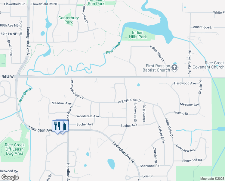 map of restaurants, bars, coffee shops, grocery stores, and more near 5949 Dellwood Avenue in Shoreview